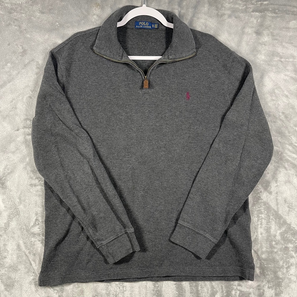 Polo Ralph‎ Lauren Mens XL Gray 1/4 Zip Cotton Pullover Sweater Purple Pony Logo